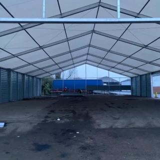Open view inside a steel portal frame temporary canopy building constructed in Hull.