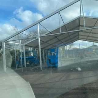 Commercial steel frame temporary shelter assembly site in East Yorkshire.